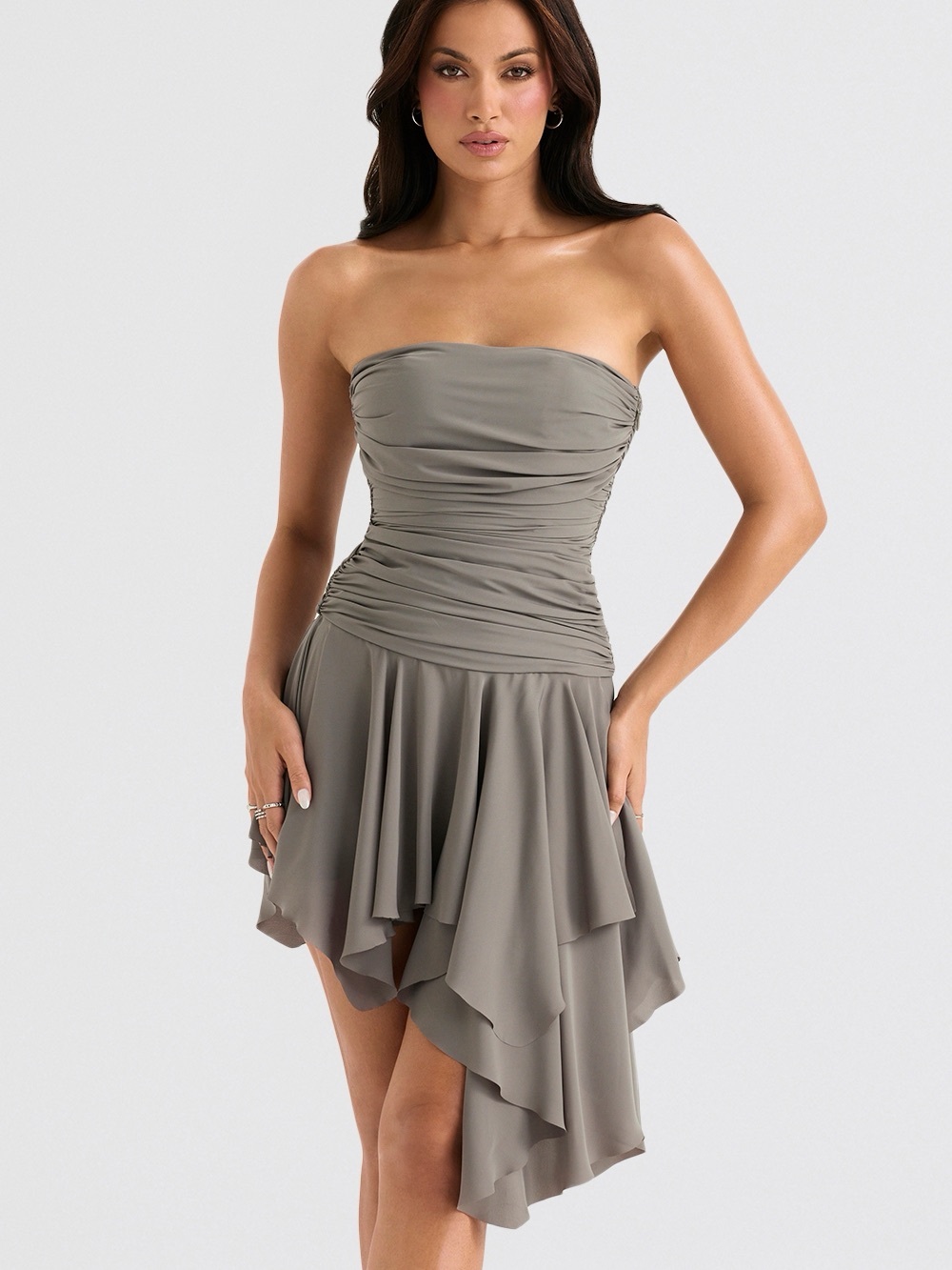 House of CB VALERIA Smoke Gathered Asymmetric Dres